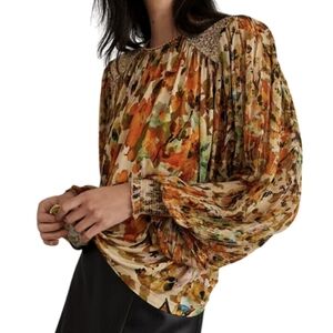 Blank London Anthropologie Flowy Boho Miranda Top Statement Sleeves Sz XS Floral